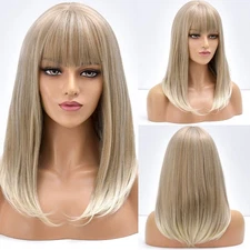 Straight Heat Resistant Synthetic Hair Costume Wig With Bangs Blended Blonde