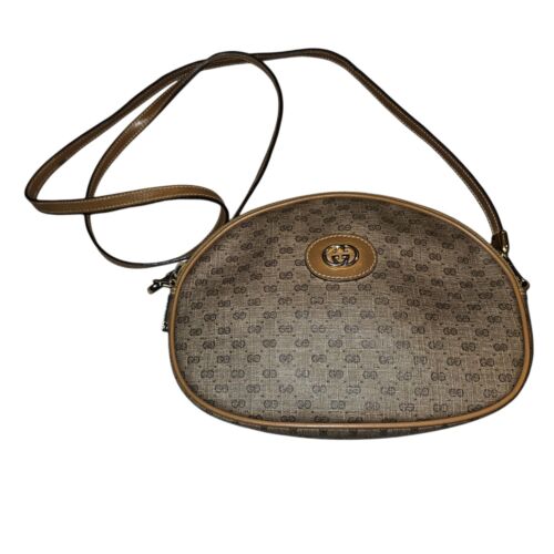 Vintage Gucci Womens Brown Taupe Monogram Coated Canvas Small Crossbody Bag COA - Picture 1 of 10