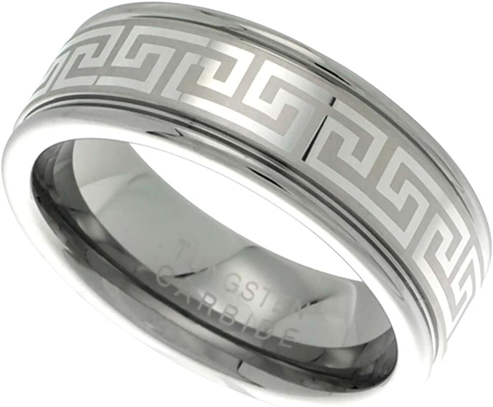 Tungsten Carbide 8mm Flat Wedding Band Ring Greek Key Pattern