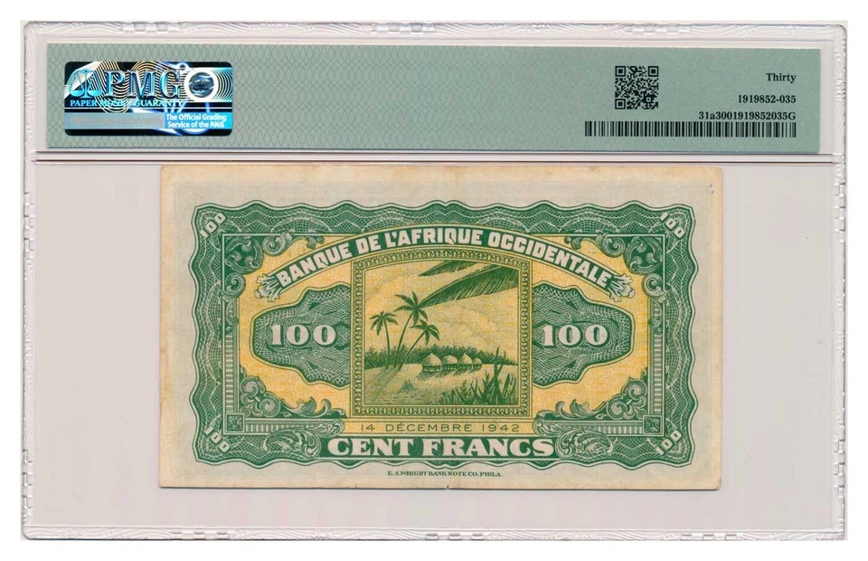 FRENCH WEST AFRICA banknote 100 Francs 1942 PMG VF 30 - Image 2 of 4