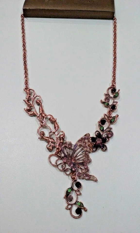 Believer In Cooper Metal Collection Romantic Butterfly And Flower Bib Necklace. - Image 2 of 4