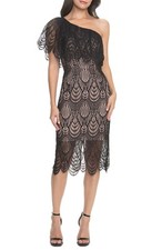 DRESS the POPULATION Violet Black Nude Sheer Lace One Shoulder Cocktail S = 4/6
