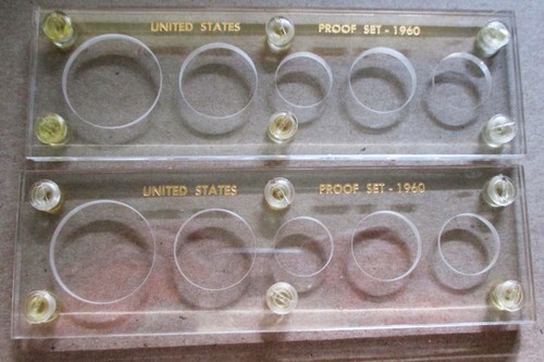 2- 2"X6" ACRYLIC 5 COIN HOLDER FOR "1960 PROOF SETS". CLEAR PLASTIC. NO COINS.