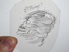 vtg 1960s 1970s Tattoo acetate stencil Long Hair Profile Skull signed SK4