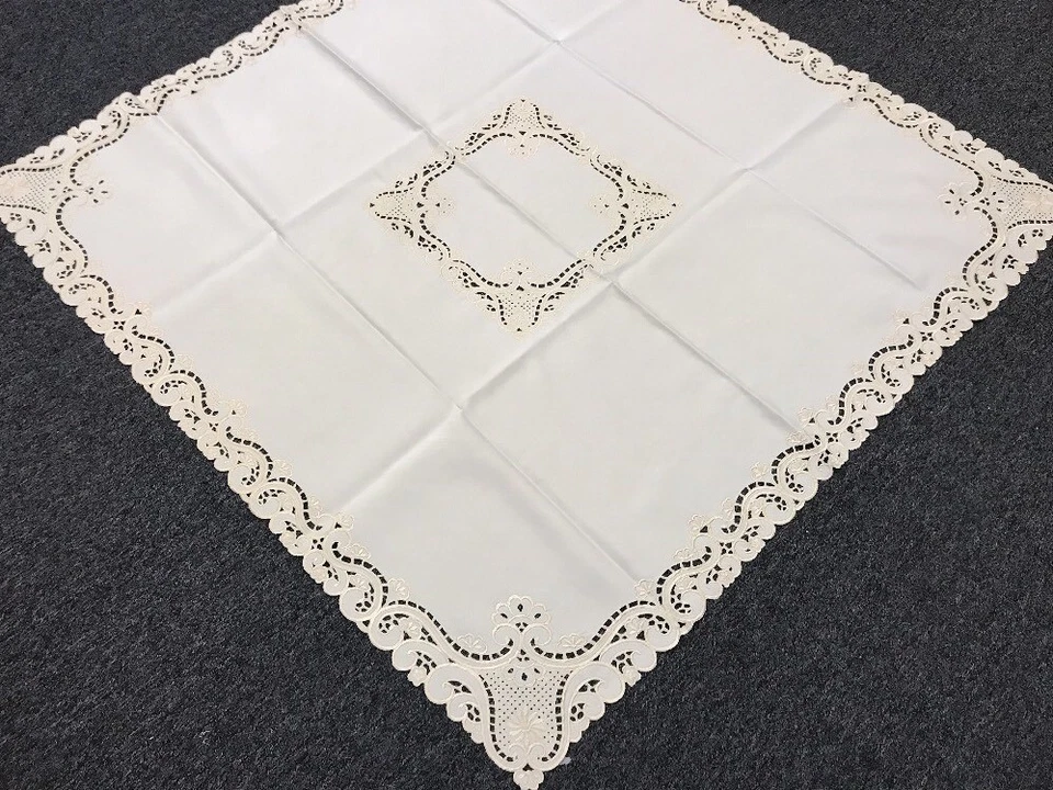 Beige Ivory Embroidered Floral Cutwork 51x51" Square Coffee Table Tablecloth - Image 2 of 4