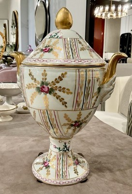 Hand-Painted Porcelain Urn w/ Figural Mask Face Handles, Gilt Empire, 13  