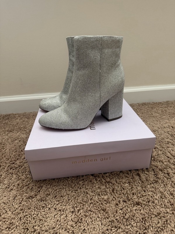 Brand New With Box, Silver Glitter Madden Girl Booties, Size 8M