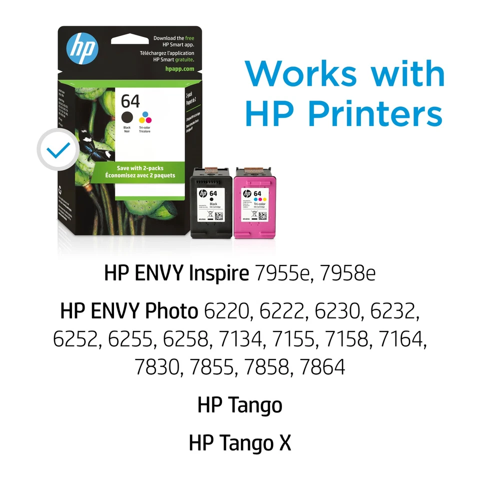 HP 64 2-pack Black/Tri-color Original Ink Cartridges, X4D92AN#140 - Image 2 of 4