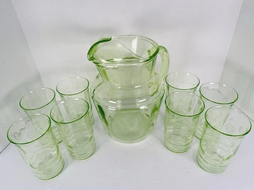 Green Uranium Pitcher & 8 Tumblers Grapes Etching Glows VTG Set Anchor Hocking