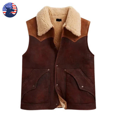 Men's Rugged Shearling Sheepskin Fur Leather Vest Biker Motorcycle Waistcoat