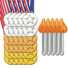 30Pcs 1.5" Plastic Gold Silver Bronze Medals with Star & 5Pcs Inflatable Torch