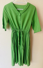 Green Solid Shirt Dress PS Petite V-Neck 3/4 Sleeve Button Drawstring Midi