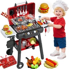 Kids Grill Playset, BBQ Toy Grill with Smoke Sound Light and Wheel, Movable Pret