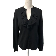 Saks Fifth Avenue Cashmere Sweater Jumper Womens XL Black Ruffle Career