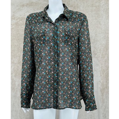 Roper Top Womens Large Green Black Pearl Snap Front Western Ditzy Floral Boho
