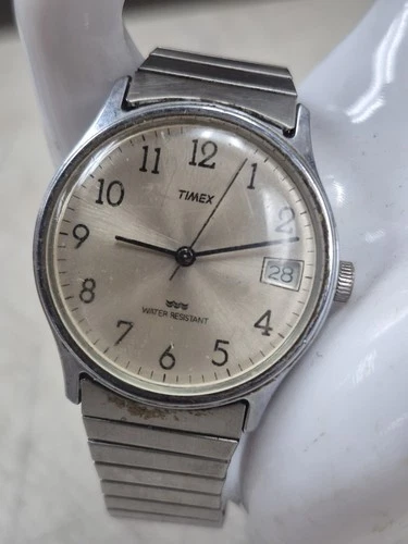 Vintage 1985 Timex Marlin Date Silver Tone Men's 34mm Mechanical Watch