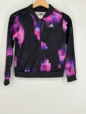 NWOT Adidas Girls Rare Zip-Up Floral Black Pink Purple Sweatshirt Youth 10/12