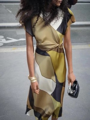 NWT ZARA Printed Abstract Geo Satin Effect Twist-Waist Sheath Dress - L