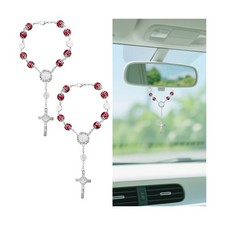Car Rearview Mirror Rosary, 2PCS Catholic Cross Blessing Beads Vehicle Rear Red