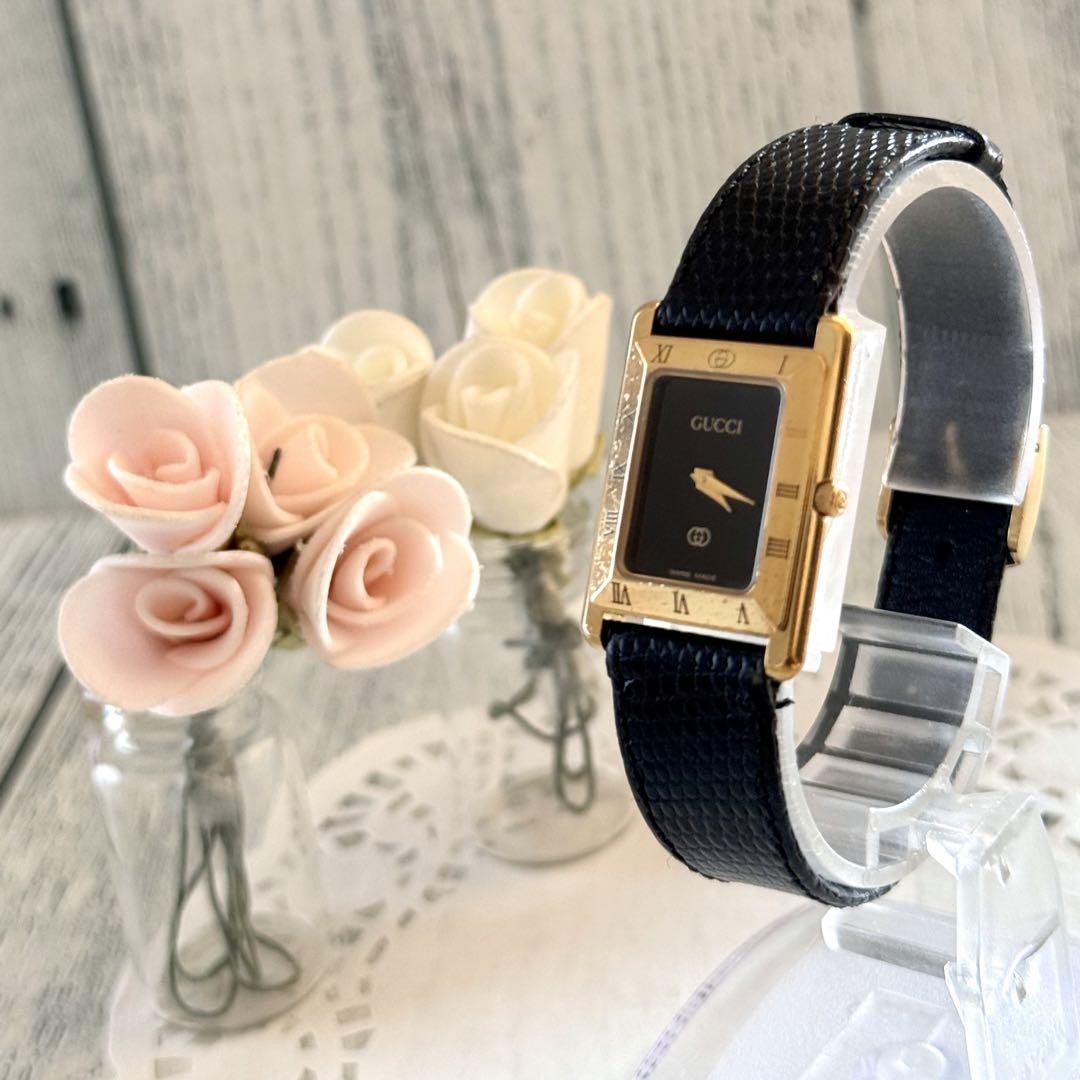 Gucci 4200Fl Square Gold Black Watch Rare Used Battery OK | eBay