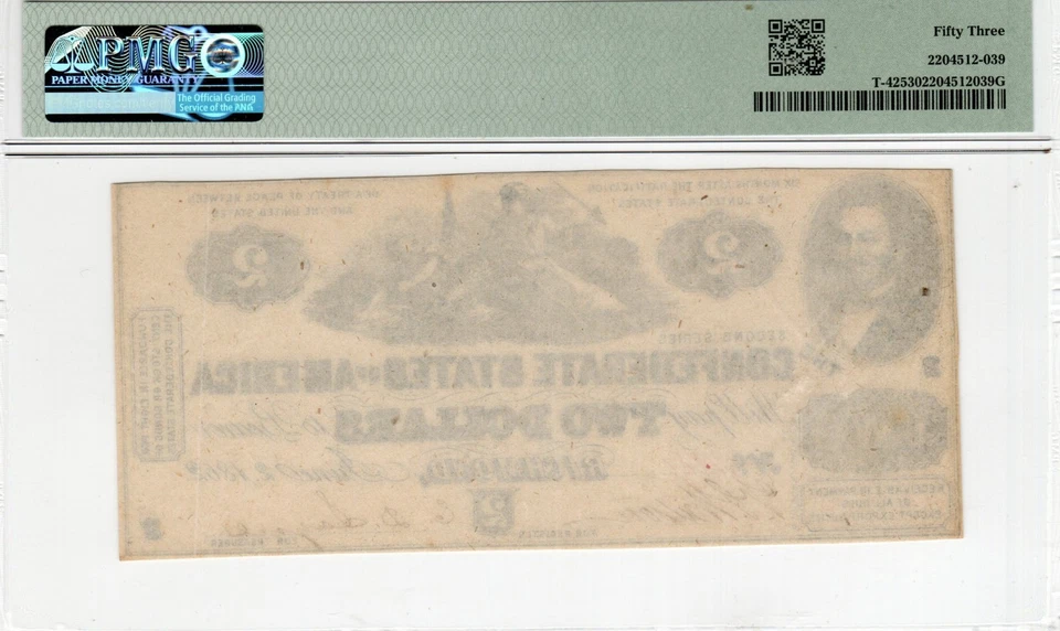 T-42 PF-3 1862 $2 Confederate Paper Money - PMG About Uncirculated 53 - bright! - Image 2 of 2