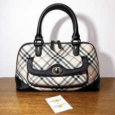 BURBERRY Nova Check Handbag Black Leather Trim Satchel Bag Vintage
