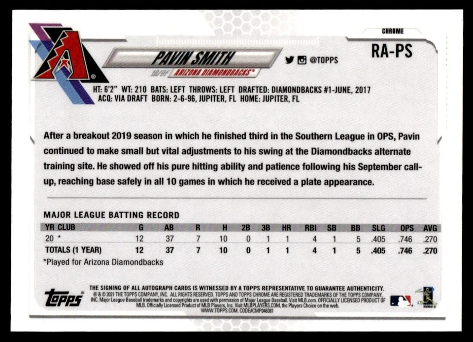 2021 Topps Chrome Rookie Autographs Pavin Smith Rookie Auto Arizona Diamondbacks - Image 2 of 2