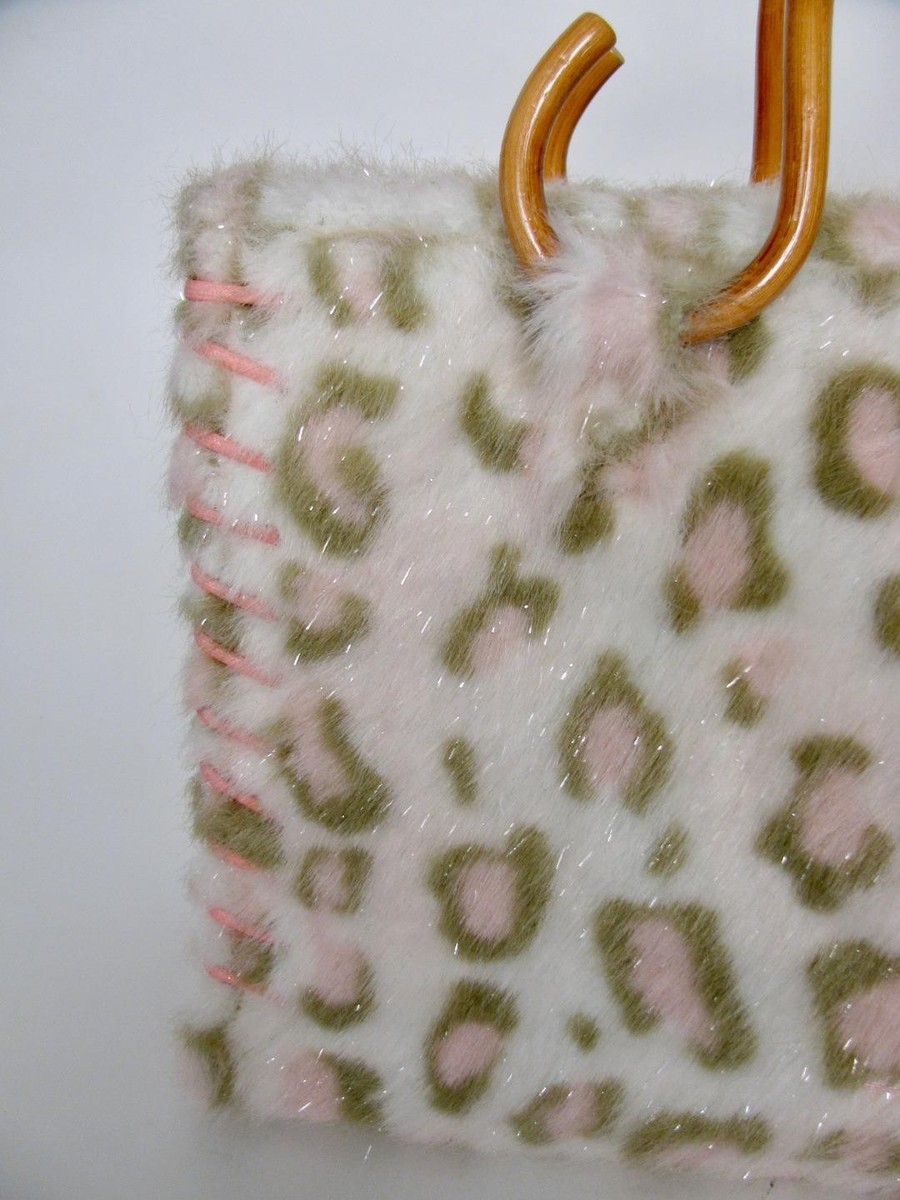 SAMANTHA THAVASA PURSE SATCHEL FAUX FUR PINK LEOPARD WOODEN