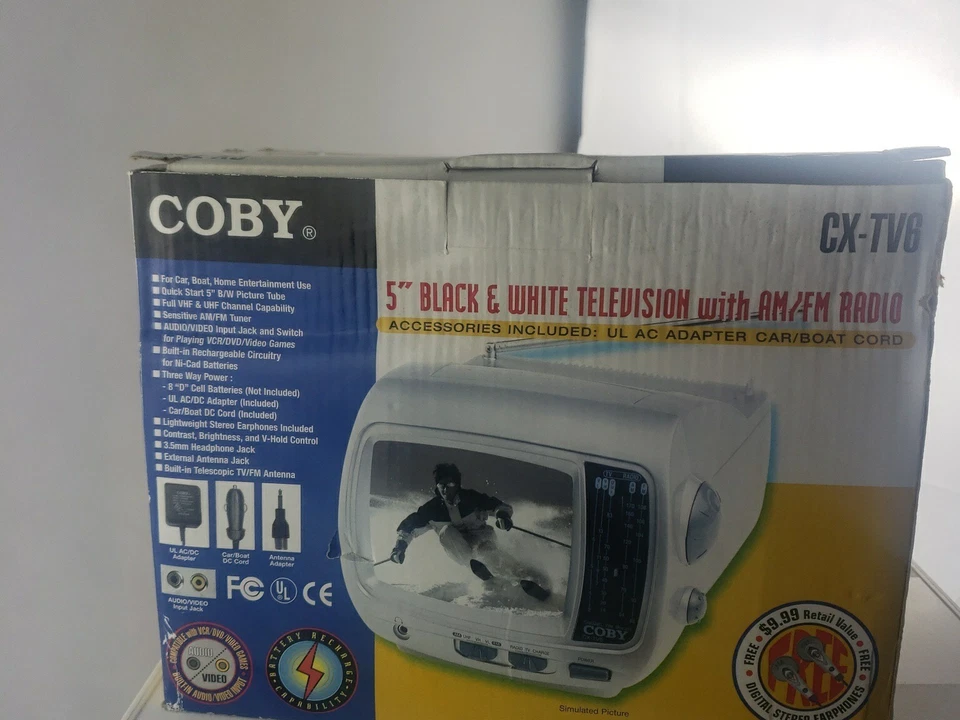 Vintage Coby CX-TV6 5" Black & White Television w AM/FM Radio Portable - Image 3 of 4