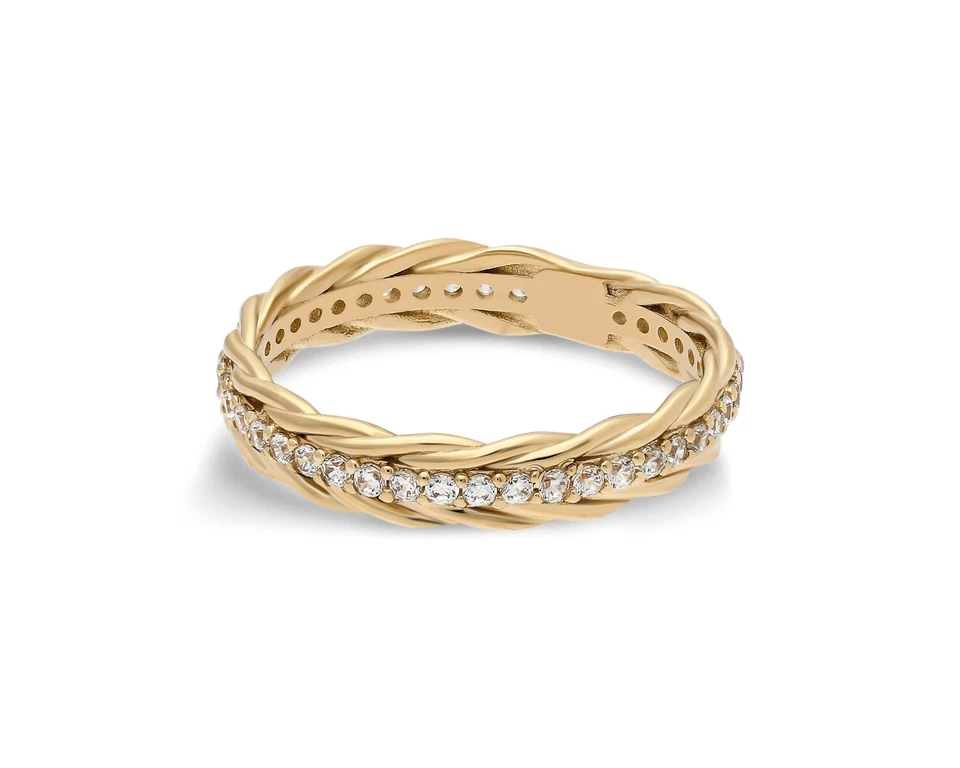 14k Solid Gold Lab-Created Diamond Braided Twisted Band Ring Stacking Ring Women - Image 2 of 4