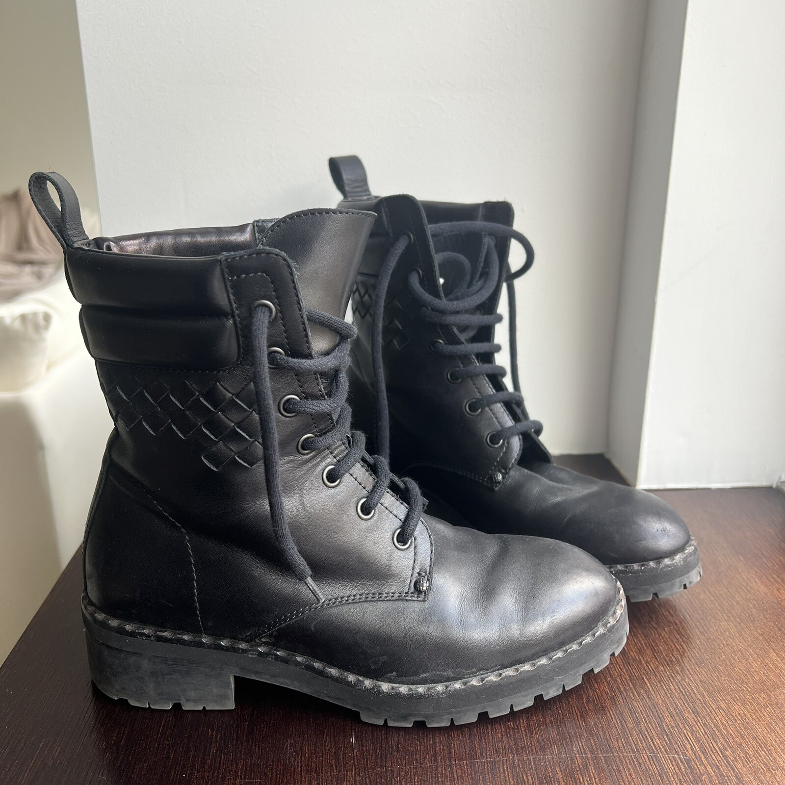 Bottega Veneta Black Leather Combat Boots Women's Size 7-image