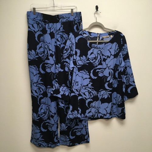 Soft Surroundings Blue 2 Pc Set Floral Oceo Gauze Tunic Top & Wide Leg Pants L