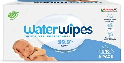 WaterWipes Original Plastic Free Baby Wipes, 540 Count 9 packs, 99.9% Water Wet