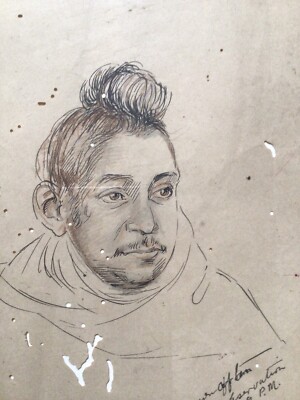 Antique Painting of Hindu Saint by A. Mitra,  Bengal India Ink Pencil Portrait