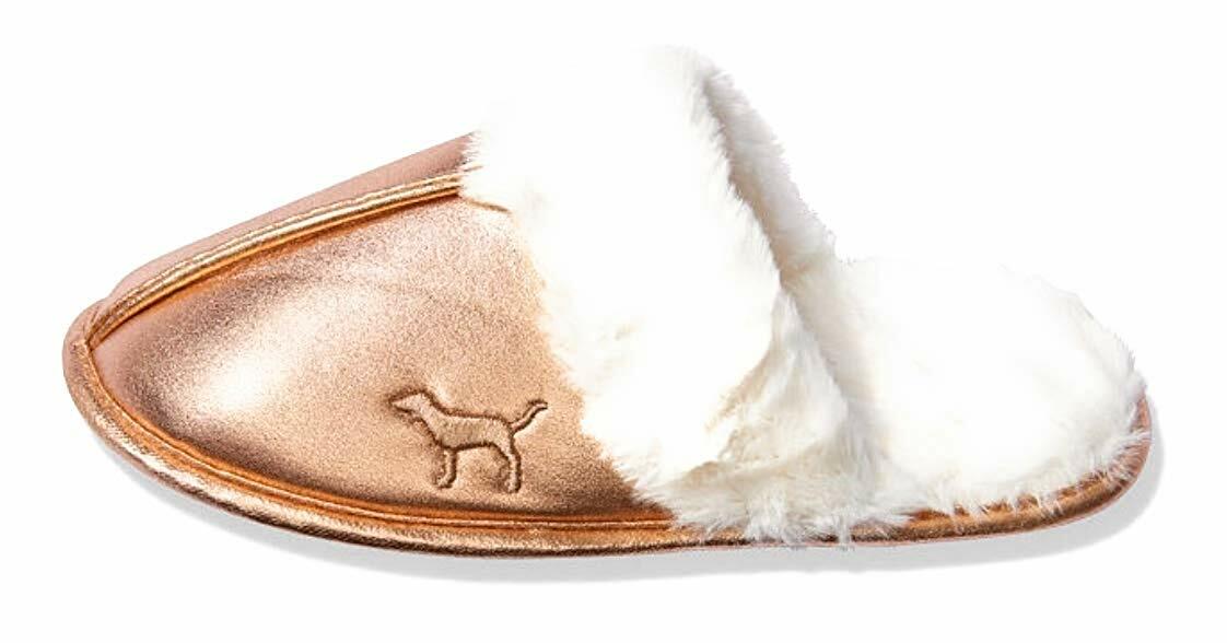 PANTOFOLA D’ORO Pantofole Victoria’s Secret rosa pelliccia sintetica metallizzata slide oro rosa piccole (5 6) nuove con etichette
