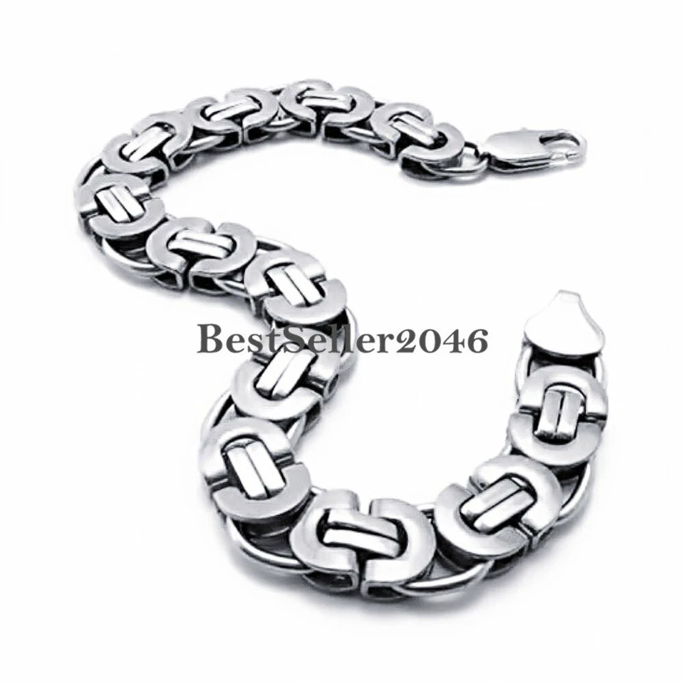 Pulsera gruesa pesada de acero inoxidable con cadena de eslabones bizantinos planos para hombre de 8,7 pulgadas Foto 3 de 4
