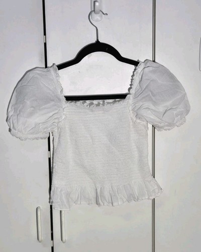 WONDER NATION GIRLS SUMMER PLAID PUFF SLEEVE SMOCKED TOP WHITE L (10-12) - Picture 2 of 3