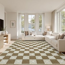Washable Brown Checkered Rug 8x10, Non-Slip Low Pile Area Rug for Living Room...