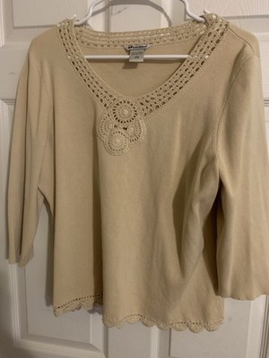 L 14-16 NVGARD COLLECTION crochet collar and bottom trim 3/4 sleevebeige shirt