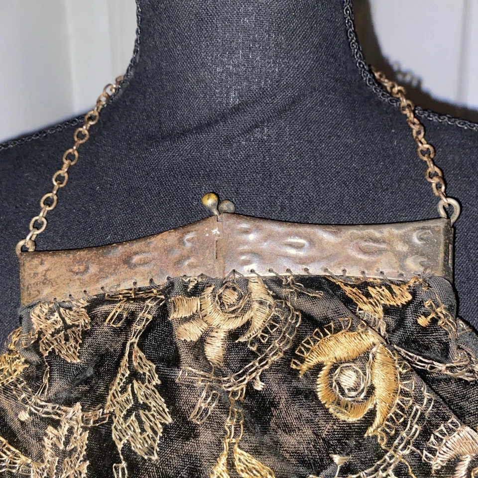 Antiguo Vintage Años 20 30 Terciopelo Floral Otoño ~ Bolso Monedero Joyas Cierre Triángulo Foto 4 de 4