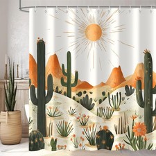 Desert Cactus Shower Curtain, Boho Western Mountain Sun Landscape Shower Curt...