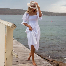 Dissh Dress Size 12 AU/UK (US 8) Sare White Linen Shirred Puff Sleeve Bridal