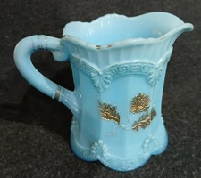 Antique Northwood Chrysanthemum Sprig Blue Custard Creamer Pitcher Gold Gilt