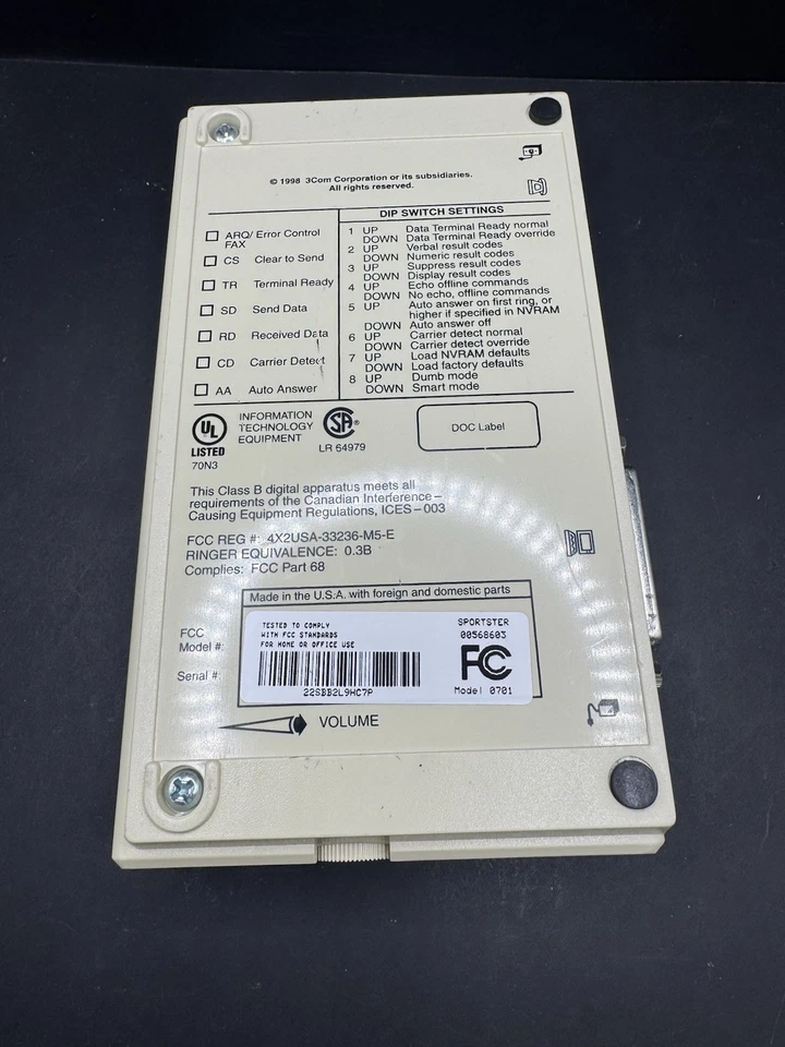 US Robotics Sportster 28,800 28.8k Fax Modem V.34 V.32 BIS No Power Cord - Image 3 of 3