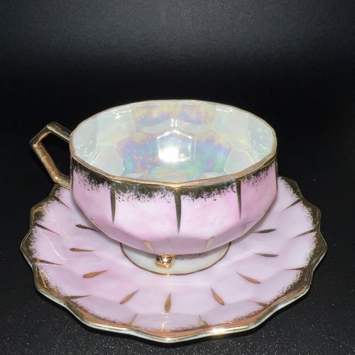 Vintage Royal Sealy Pink Opalescent Lusterware Gold Footed Tea Cup Saucer Japan - Picture 4 of 11