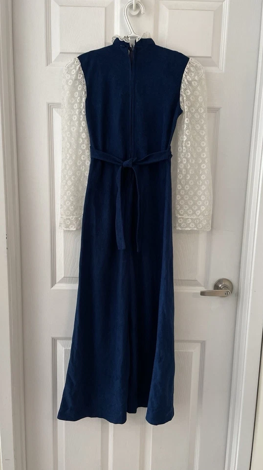 Vestido De Colección Niñas Años 70 Colonial Victoriano Largo Azul Encaje Talla 10 Foto 3 de 4