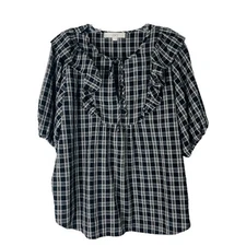 Loft black white plaid ruffle preppy cottagecore popover top large
