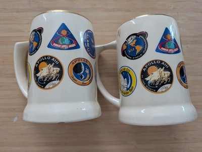 2 ceramic Mugs APOLLO Missions MADE IN USA Gold Rim 10oz
