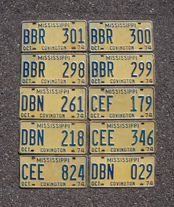 1974 MISSISSIPPI License Plate LOT of 10 Plates