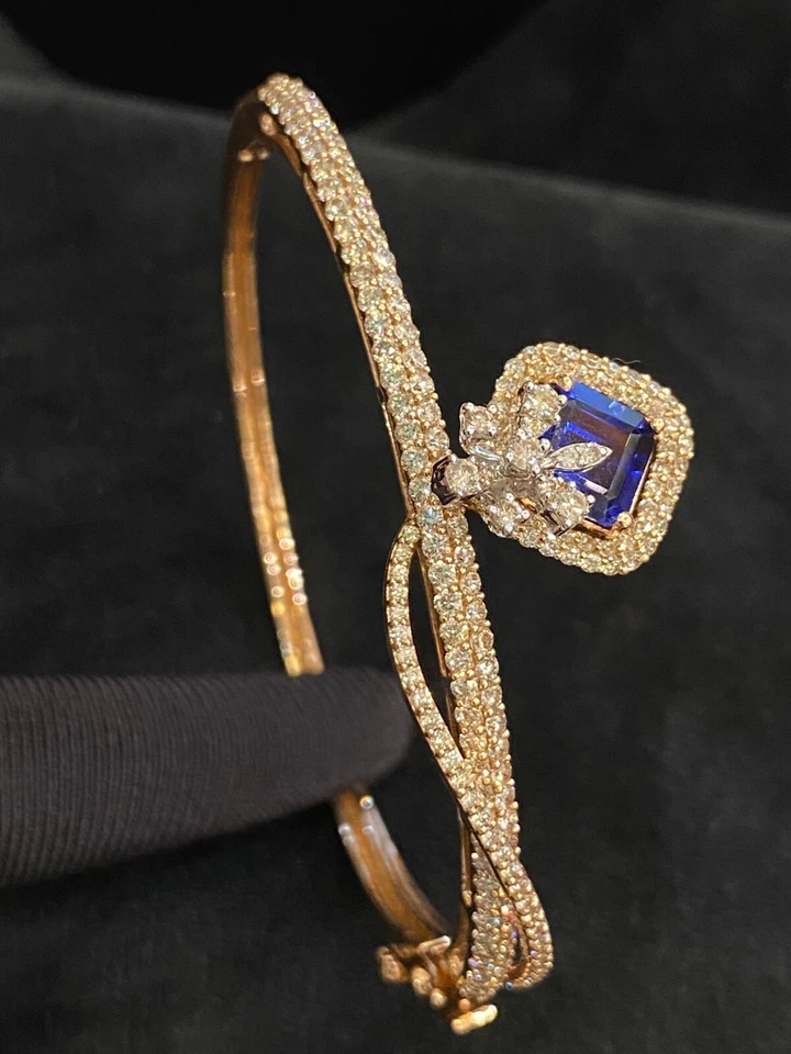 Pave 4,70 Cts Runde Brilliant Cut Diamanten Saphir Armreif Armband In 14K Gold - Bild 3 von 4